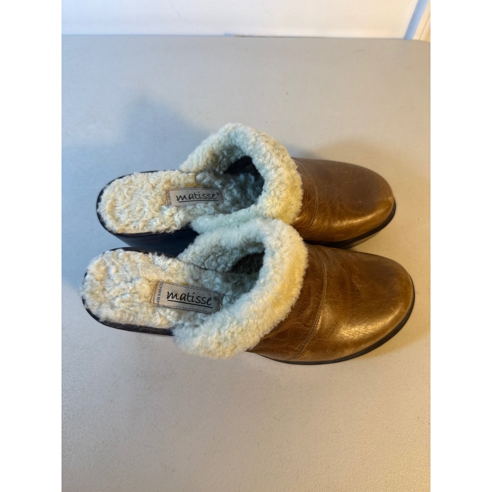 Matisse Womens Brown Leather Faux Fur Lined Platform Clog Mules Size 10 M BRAZIL